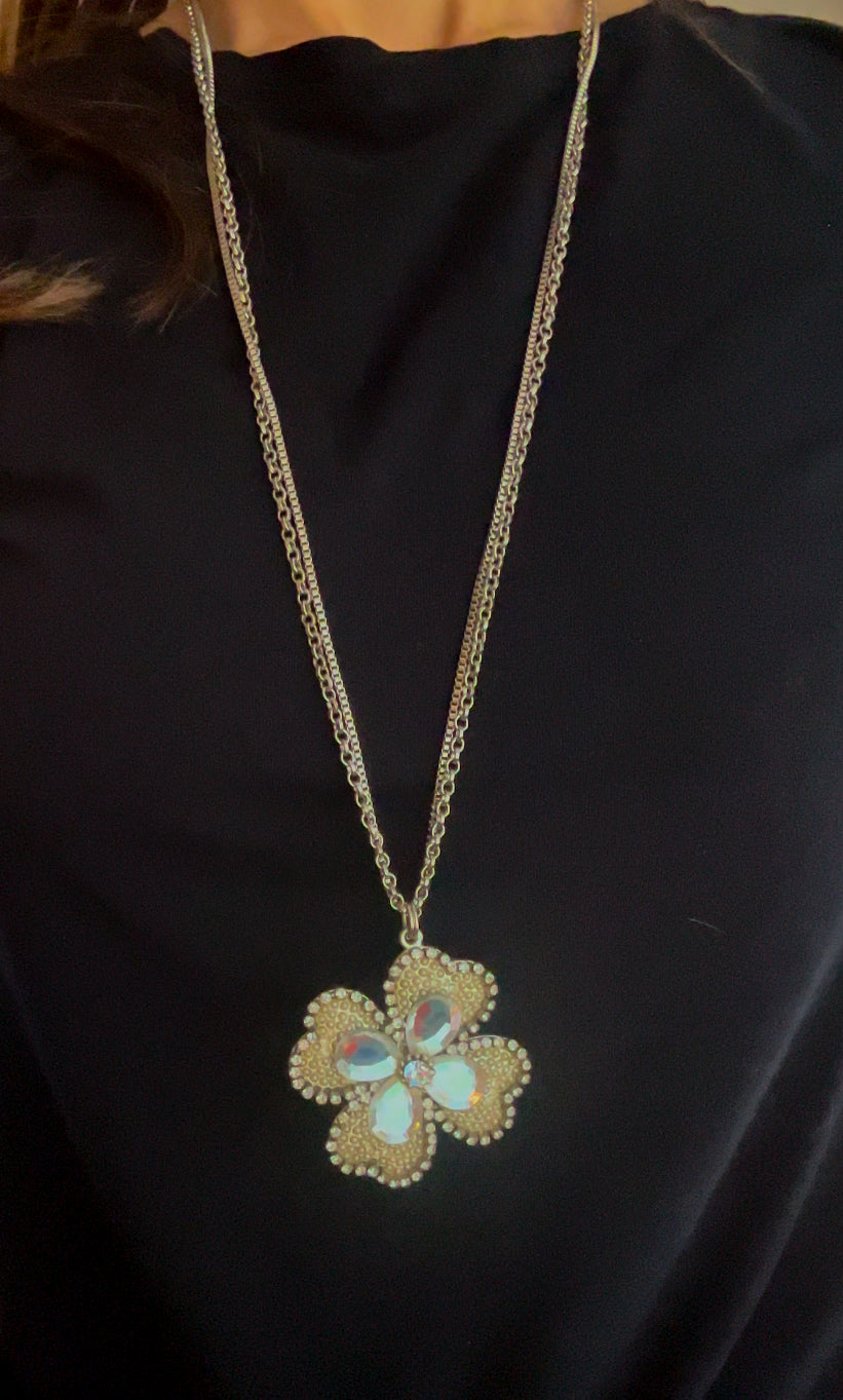 Silver Necklace with Floral Pendant and Sparkling Rhinestones