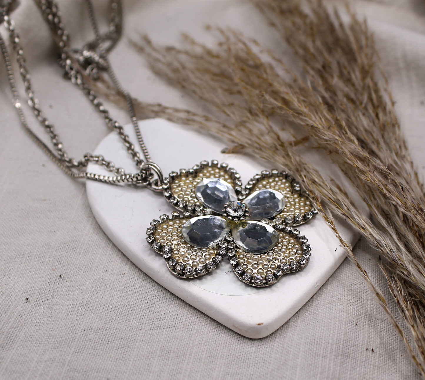 Silver Necklace with Floral Pendant and Sparkling Rhinestones