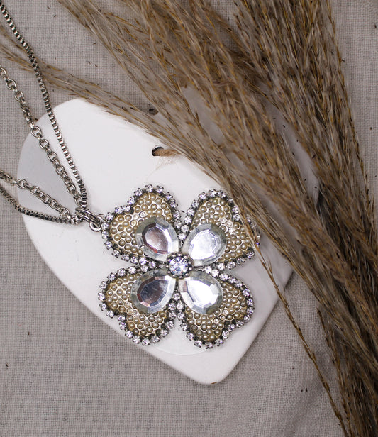 Silver Necklace with Floral Pendant and Sparkling Rhinestones